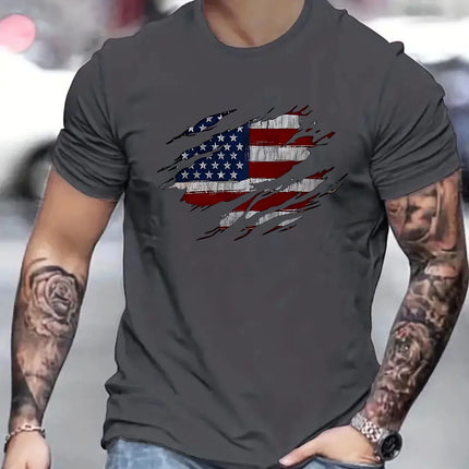 Men's Summer Casual Loose Size 100% Cotton Trendy American Flag Pattern Print Round Neck Short Sleeve T-shirt Top