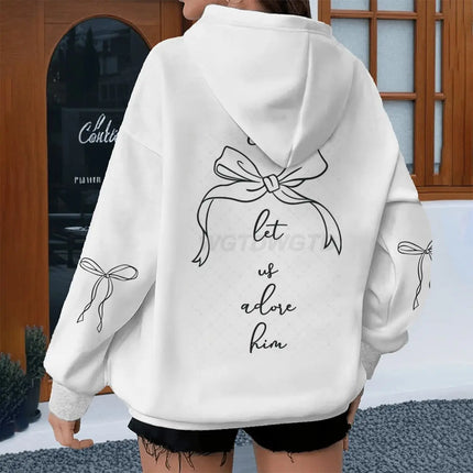 Coquette Bow Print Bible Verses Hoodies "Come Let Us Adore Him" Hoodie Fashion Women Vintage Fun Christian Jesus Hoody
