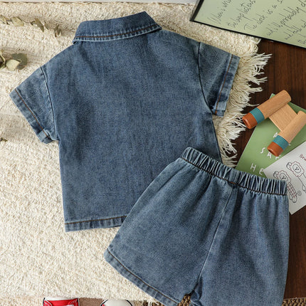 2025 Summer Baby Solid Denim Short Sleeve Set Boys /Girls' Denim Shirts& Shorts Two Piece Set Simple Casual Fashion Streetwear