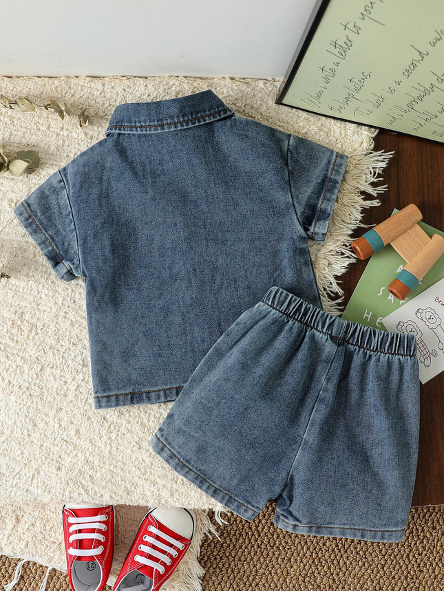 2025 Summer Baby Solid Denim Short Sleeve Set Boys/Girls' Denim Shirts & Shorts Two Piece Set Simple Casual Fashion Streetwear