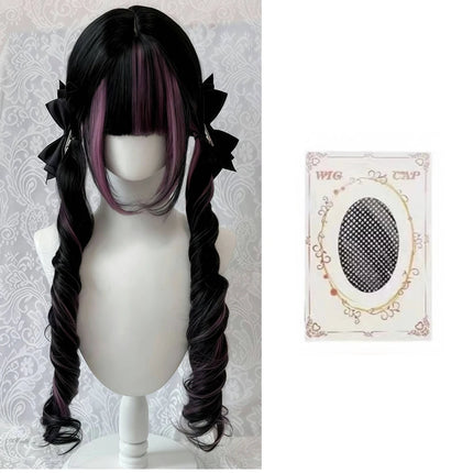 Black Wig with Pink Cosplay Wigs with Bangs  Lolita Long Curly Hair Wig Woman Party Cosplay Wig Natural Heat Resistant
