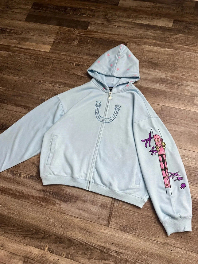 Y2K Anime JoJo Shahzad Clothing Joestar Style Zip Hoodies Men Light Blue Star Tusk Print Oversized Embroidery Couple Sweatshirt