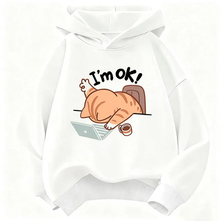 I Am Ok Computer Cat Design Hooded Kids Children's Sweatshirt Cute Hoody for Boys Girls Sping Kawaii Casual Hoodies