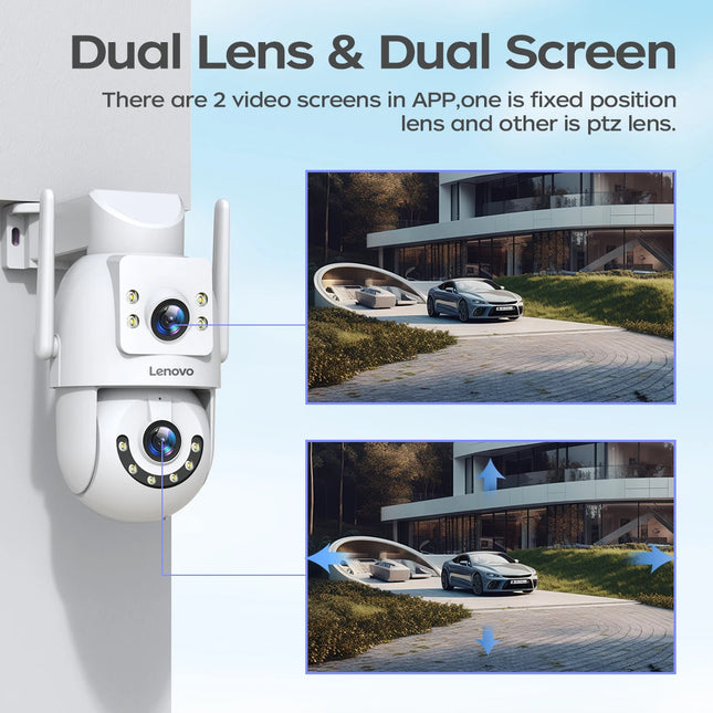 Lenovo 8MP HD Outdoor Security Camera with Dual Lens Dual Screen AI Tracking PTZ Color Night Vision Surveillance Protection