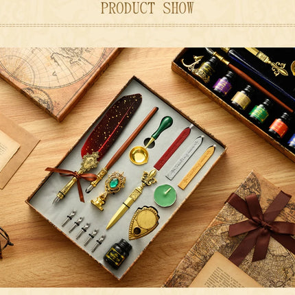 Luxury Fountain Pen Set, Retro Sprinkling Feather Pens Calligraphy Writing Dip Kit with Wax Seal Stamp & Replace Nibs, Gift Box