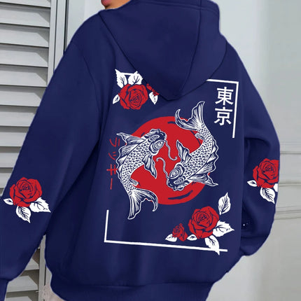Tokyo Koi Fish Rose Harajuku Print Women Hoodie Loose Casual Hoody Autumn Multicolor Streetwear All-Match Fleece Clothes