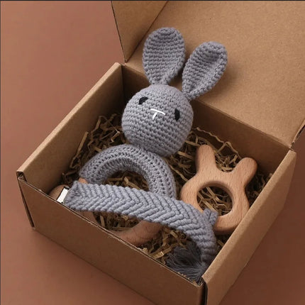 3Pcs/set Infants Shower Gift Baby Pacifier Chain Clip Beech Teether Wooden Teething Ring Newborn Crochet Animal Rabbite Rattle