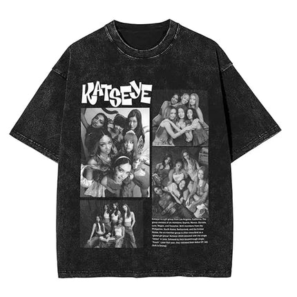 KATSEYE Merch Washed Graphic Print TShirt Men Women Short Sleeve Fashion Tshirts Oversized Crewneck Loose Cotton Tee Streetwear