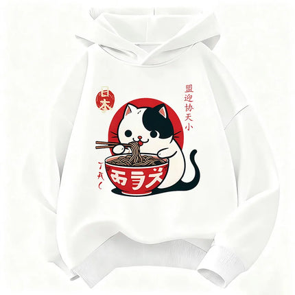 Japanese Style Cat Eat Ramen Hoodie Manga Kids Cat Children's Sweatshirt Cute Hoody for Boys Girls Casual Hoodies Spring