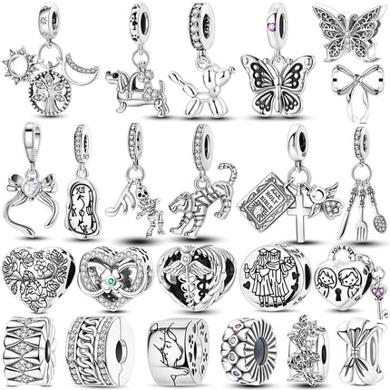 925 Silver Color Star Moon Heart Safety Chain CZ Beads Angle Wing Pendant Fit Bangle Charms Bracelet DIY Women Original Jewelry
