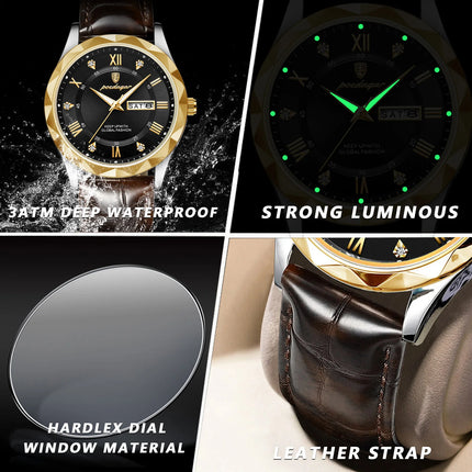 POEDAGAR Original Luxury Men's Watch Waterproof Luminous Date Week Sports Men's Watches Classic Business Quartz Leather Men Watch