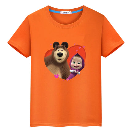 Anime Bear Print T-shirt for Kids Boy 10 Years Cute T-shirt Kawaii Tops Y2K One Piece 100% Cotton Cartoons Short Girls' Clothes