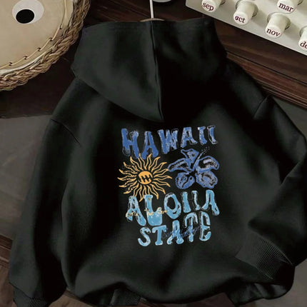 2025 Autumn Winter Hawaiian Flower Print Creative Letter Women's Long Sleeved Round Neck Comfortable Sweatshirt Casual Clothing