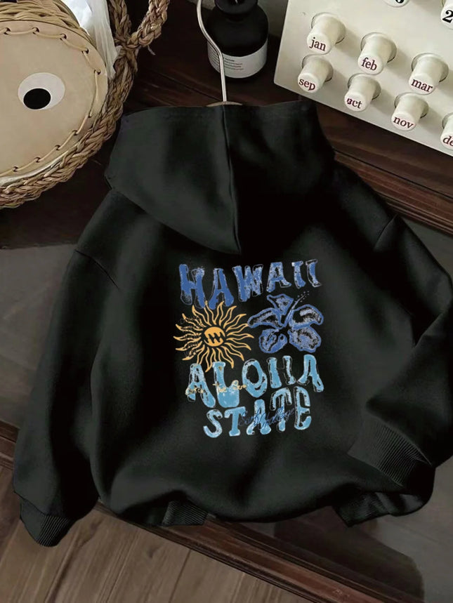 2025 Autumn Winter Hawaiian Flower Print Creative Letter Women's Long Sleeved Round Neck Comfortable Sweatshirt Casual Clothing