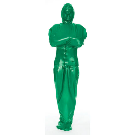 Exotic Wetlook PVC Leather Full Catsuit with Wide Belt Unisex Bondage-Sack Hooded Bodysuit Fetish Sexy Body Bag Sleepsack Custom
