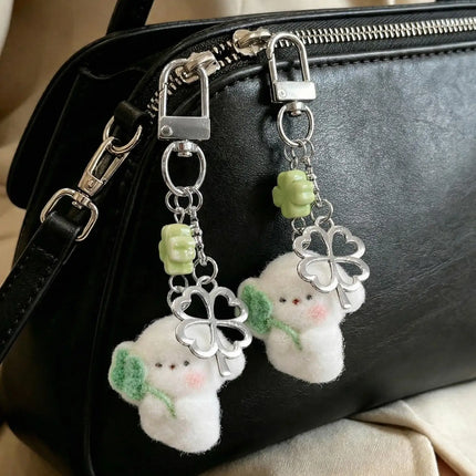 1/2pcs Cute Clover Hug Dog Pendant Keychain Lanyard Flocking Puppy Mobile Phone Straps Pendant Keyring Schoolbag Decorative