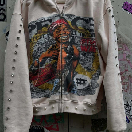 Y2k Aesthetic Pattern Print Sweatshirt Vintage Punk Gothic Couple Sweatshirt Emo Graffiti Print Pearl Design Hoodie 2000s