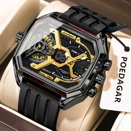 POEDAGAR Sports Men Wristwatch Date Week Chronograph Luminous LED Man Clock Silicone Strap Electronic Men's Quartz Watches Reloj