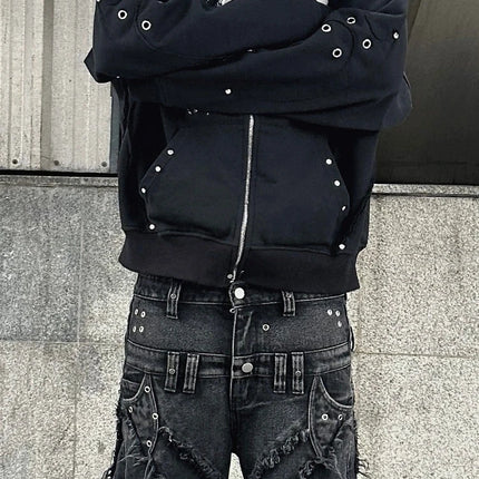 Trendy cardigan hooded sweatshirt with American print retro high street loose casual metal decorative jacket