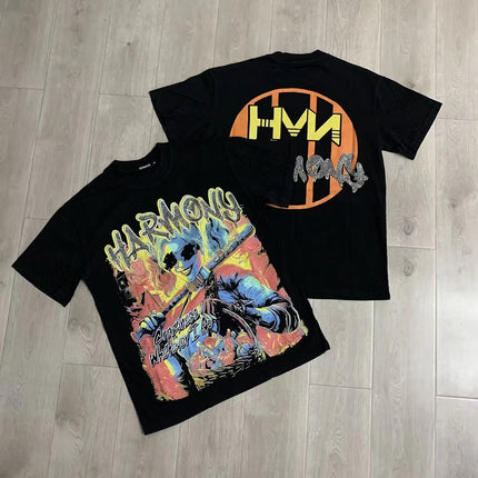 Graffiti Streerwear Washed Letter Shinning Diamond Short Sleeve Mens Tshirts Crew Neck Pure Cotton Baggy Rhinestone Top Tees