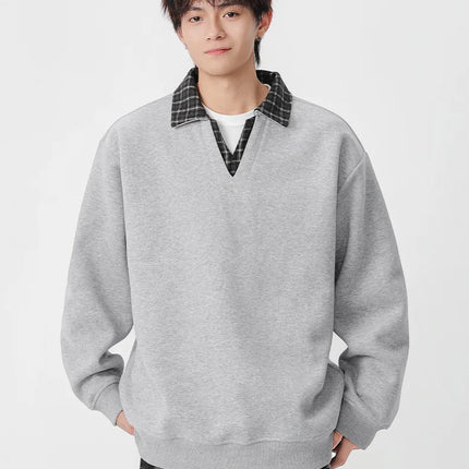Retro Plaid Polo Neck Sweatshirt for Men and Women Heavyweight Cotton Soft Fake Two-Piece V-Neck Long Sleeve