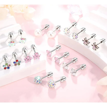 Hypoallergenic Spiral Earrings for Ladies Surgery Steel Cute Heart CZ Flowers Pearl Ball Small Stud Earrings for Girls