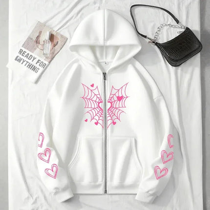 2025 Hot Sale Women's Hoodie Cute Spider Web Heart Print Zip-up Sweatshirt All Season Female Urban Casual Fashion Hooded Jackets