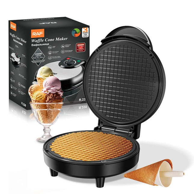 Electric Waffle Cone Maker 1200W Thin Waffle Ice Cream Bowl Egg Roll Machine Smart Control Non-stick Plates with Shaper Roller