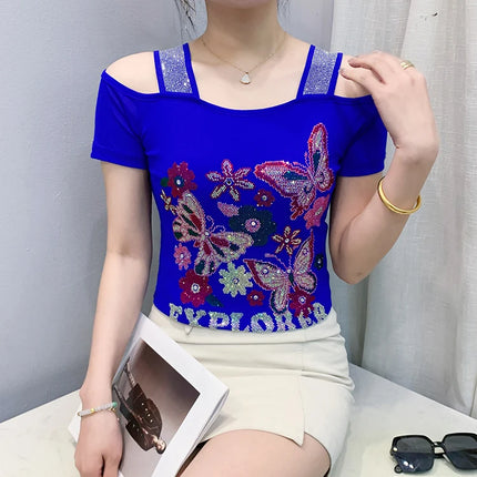Summer Streetwear Fashion Women's T-shirt Luxury Design Butterfly Hot Diamonds Tee Sexy Off Shoulder Girls Tops European Clothes
