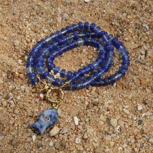 High-quality fish pendant, party accessory festive gift handmade beaded necklace with colored natural stones perfect for summer