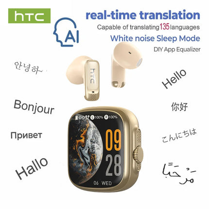 HTC NE72 TWS AI Translation Earbuds Translate Bluetooth 6.0 Headphones 30H Playtime with Smart Touch Screen for Travel Business