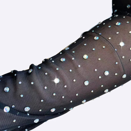Sexy Shining Flash Drilling Thin Elasticity Lace Fashion Personality Dance Stage Performance Cosplay Women Mesh Long Gloves