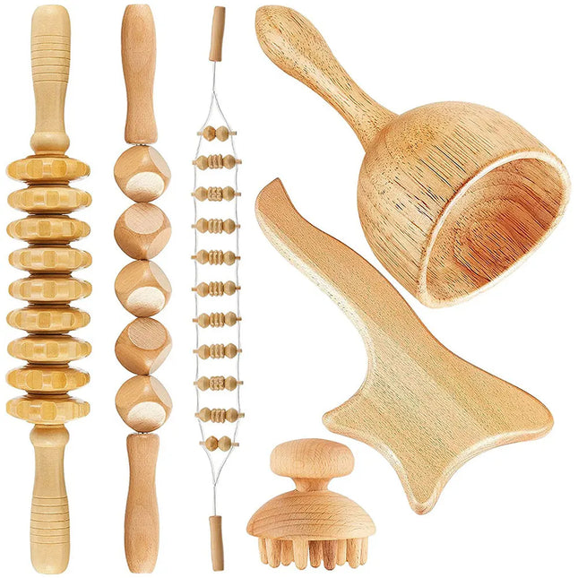6-in-1 Wood Therapy Massage Tool Lymphatic Drainage Massager Anti-Cellulite Fascia Massage Roller for Full Body Muscle Relaxation