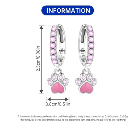 Hot Sale Original 925 Sterling Silver Zircon Pink Paw Print Earrings Heart Flower Leaf Design Women Party Jewelry Gift Ear Loops