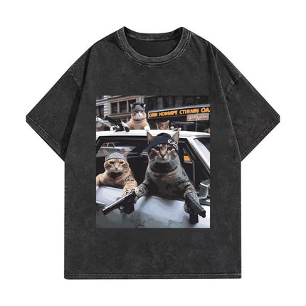 Funny Cat Gang Meme Graphic T Shirts Men's Women's Fashion Vintage Washed T-shirt Summer High Quality Cotton T-shirts
