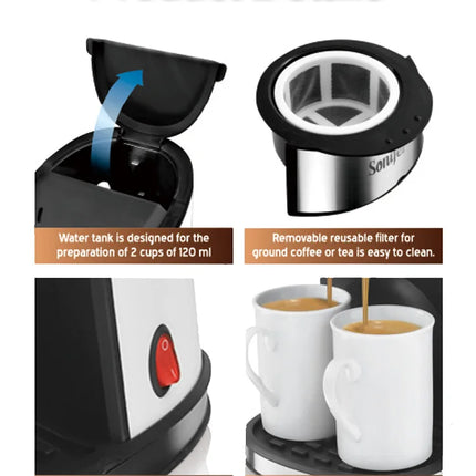 Sonifer 2-Cup Drip Coffee Maker SF-3540 (240ml), 450W, Includes 2 Porcelain Mugs, Reusable Filter, One-Touch Control