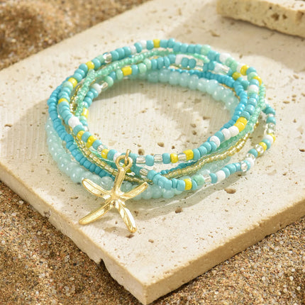 Multilayer Bohemia Rice Bead Anklet Set for Women Fashion Starfish Pendant Anklets Summer Sandy Beach Ankle Chain on Leg Jewelry