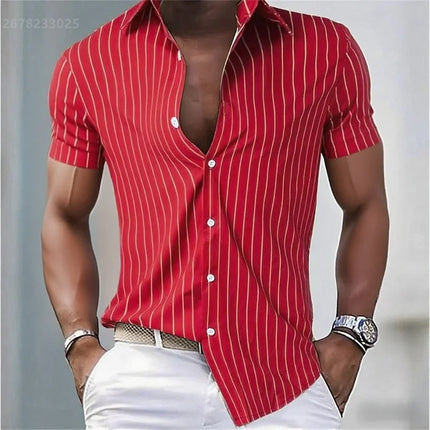 Men's Shirt Striped Slim Fit Short Sleeve Shirt, Breathable Lapel Button Fashion Hawaiian Shirt, Comfortable Fabric XS-6XL