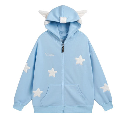 Japanese dopamine style cute star angel wing women's top autumn and winter loose hooded women's hoodie sweet style