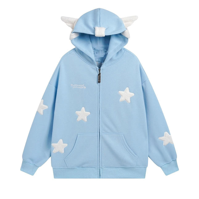 Japanese dopamine style cute star angel wing women's top autumn and winter loose hooded women's hoodie sweet style