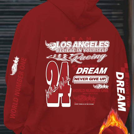 Los Angeles Racing "Never Give Up" Print Men Women Hooded Sweatshirt Autumn Winter Daily Outdoor Fitness Casual Loose Sportswear