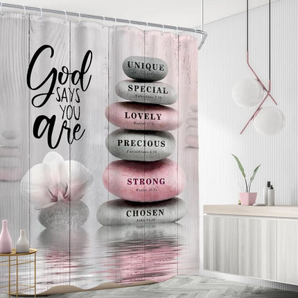 Pink Shower Curtain Bible Verse Scripture Christian Zen Stone Spa Meditation Relaxing Lotus Peach Blush Cloth Fabric Waterproof