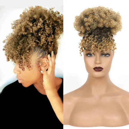 Afro Puff Synthetic Drawstring Ponytail with Bangs Pineapple Updo Hair for Black Women, Short Kinky Curly Ponytail Bun (1B)