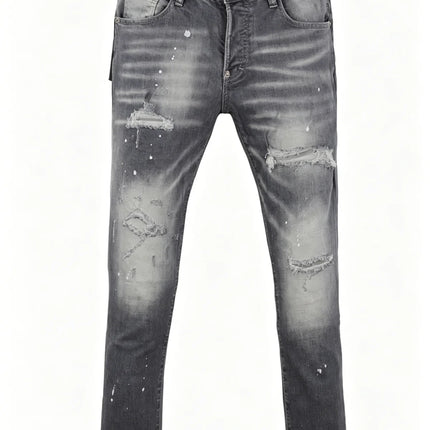 6058 Four Seasons New Men's Wash Grinding Hole Patch Paint Splash Ink Micro-bullet Leg Grey Jeans for Men