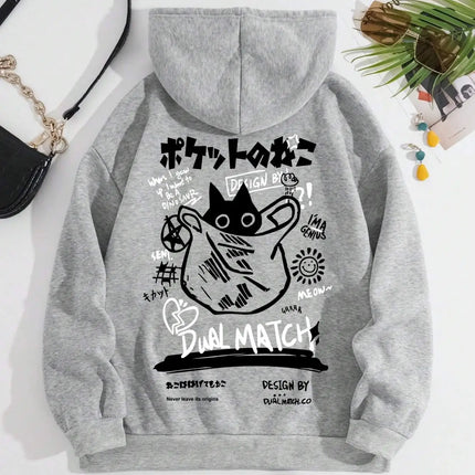 Cute Cat Cartoon Printed Sweatshirt Women Harajuku Casual Loose Hooded Fashion Soft Pocket Hoodies Autumn Warm Female Clothes