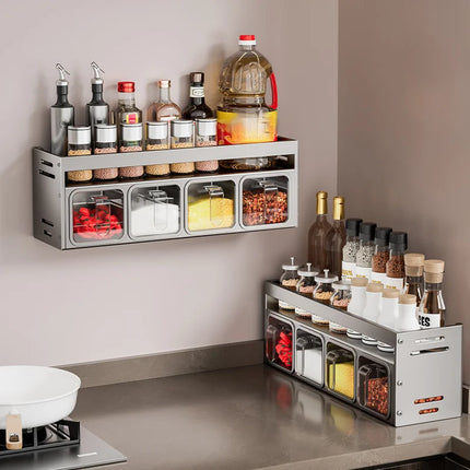 No-Drill Wall Mounted Kitchen Spice Rack Set with Multiple Sealed Jars & Spoon Distributors, Space Saving Pantry Organizer for H