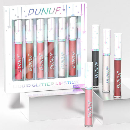 DUNUF 6 pcs set pearlescent metallic color long lasting lip gloss waterproof sweatproof non-stick lipstick