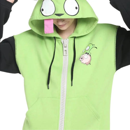 New Fashionable Cute Cartoon Pattern Zip Up Hoodie for Men Women Harajuku Green Patchwork Sweatshirt Y2K Hip Hop Casual Hoodie
