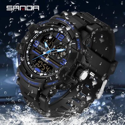 SANDA 6130 Dual Display Men Watches Waterproof Sport Watch Military Man Alarm Stopwatch Quartz Wristwatch Men LED Digital Clock