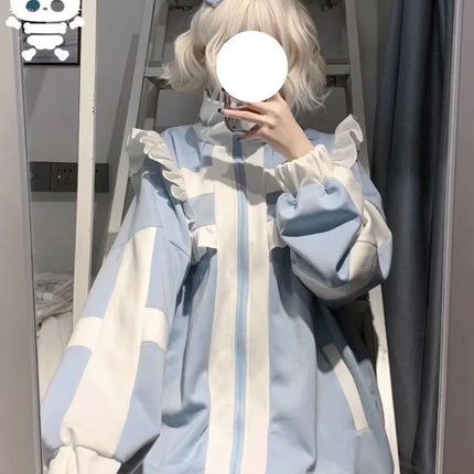 Women clothing Y2K Sweet stitch Subculture Patchwork Hoodies Women's Autumn Winter Ruffled Hoodie with Fleece Loose Zipper shirt
